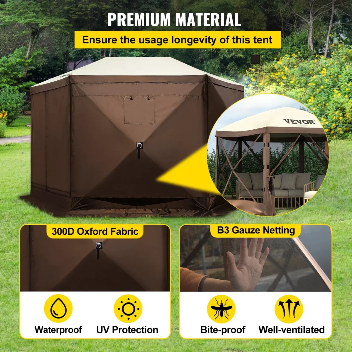 VEVOR Camping Gazebo Screen Tent, 12*12ft, 6 Sided Pop-up Canopy Shelter Tent with Mesh Windows, Portable Carry Bag, Stakes, Large Shade Tents for Outdoor Camping, Lawn and Backyard - Image 6