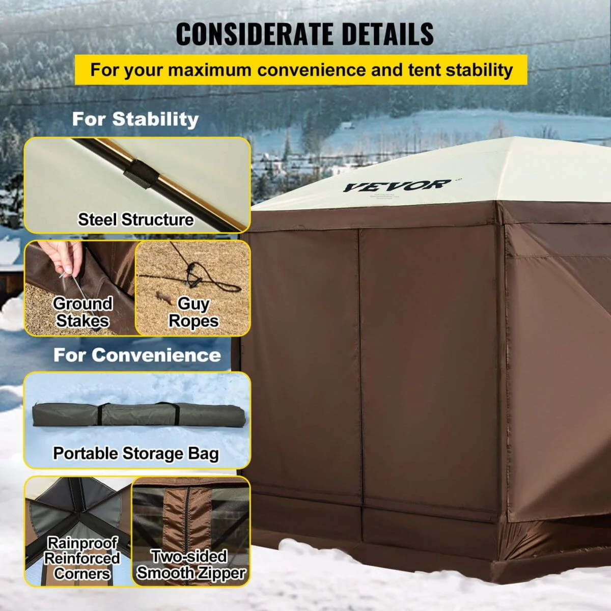 VEVOR Camping Gazebo Screen Tent, 12*12ft, 6 Sided Pop-up Canopy Shelter Tent with Mesh Windows, Portable Carry Bag, Stakes, Large Shade Tents for Outdoor Camping, Lawn and Backyard - Image 8