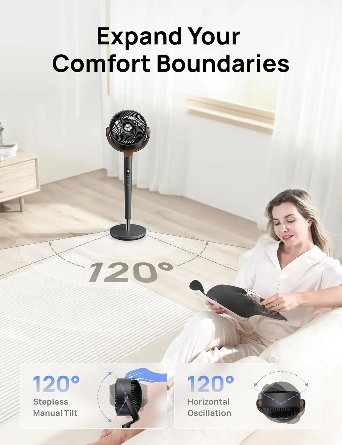 DREO Fan for Bedroom, 120° Oscillating Standing Fans, Quiet Floor Fan with DC Motor, 100ft Pedestal Fans for Room, 9 Speeds, 4 modes, 20dB, 120° Manual Vertical, 37-42" Adjustable Height, 9H Timer (复制) - Image 5