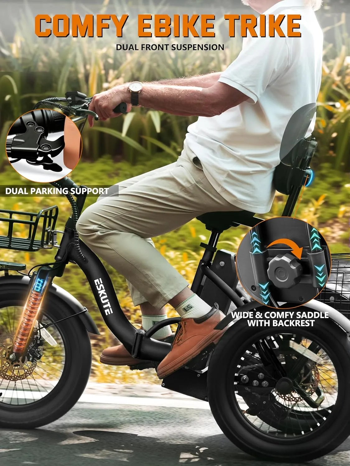 ESKUTE E Trike Electric Bike, Peak 1200W Brushless Motor Folding Trike 18X3.0 Fat Tire Ebike, 624Wh Removable Battery, Step-Thru 3 Wheel Electric Bicycle, Up to 55 Miles, 18MPH+ Tricycle for Adults - Image 7