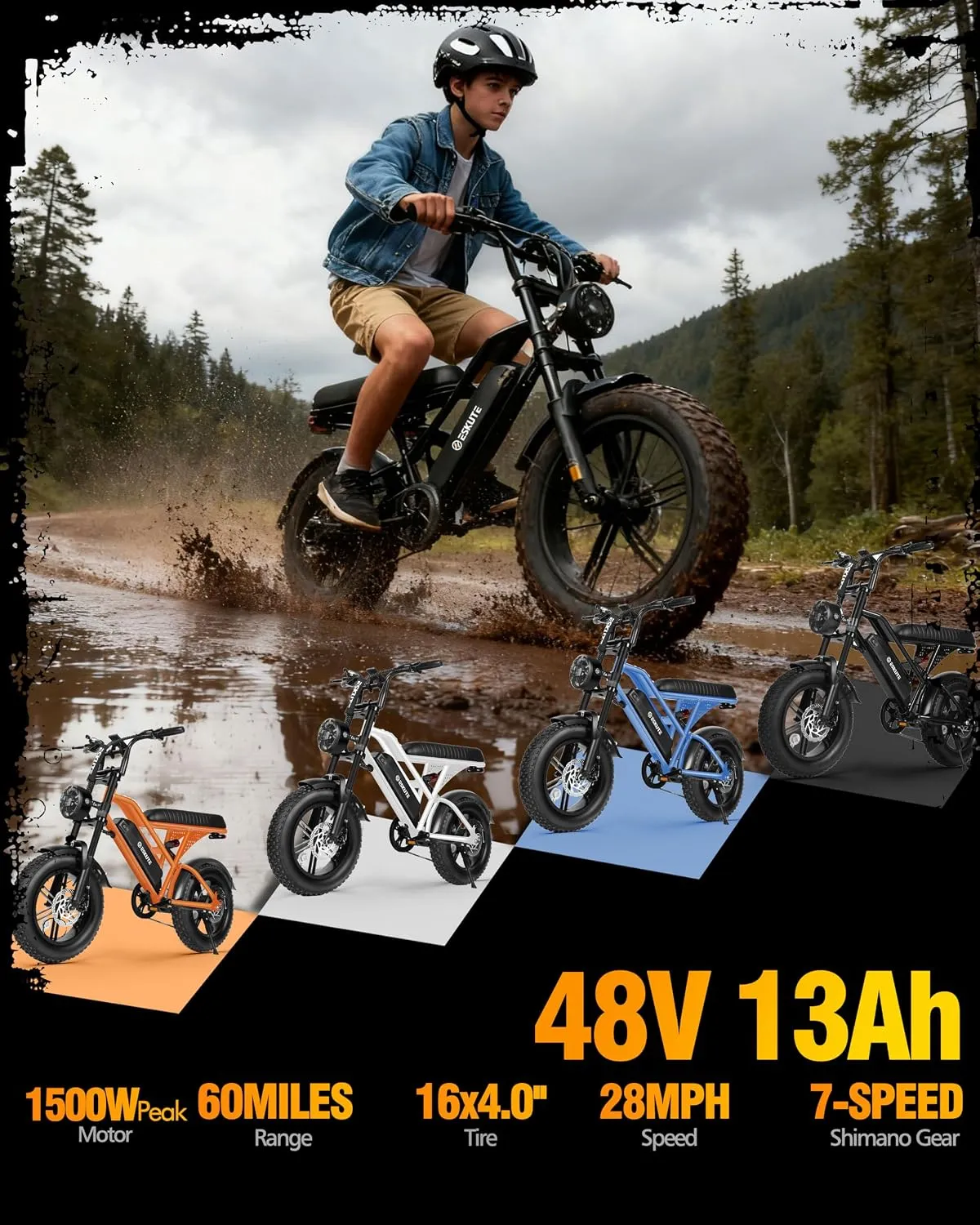 ESKUTE V100 Electric Bike for Adults, Electric Dirt Bike 1500W Peak Motor, All Terrain Dual Suspension E Bike 20+MPH Top Speed, Ebike Up to 60 Miles Range, 16" Fat Tire, 48V13Ah Battery, 7-Speed - Image 3