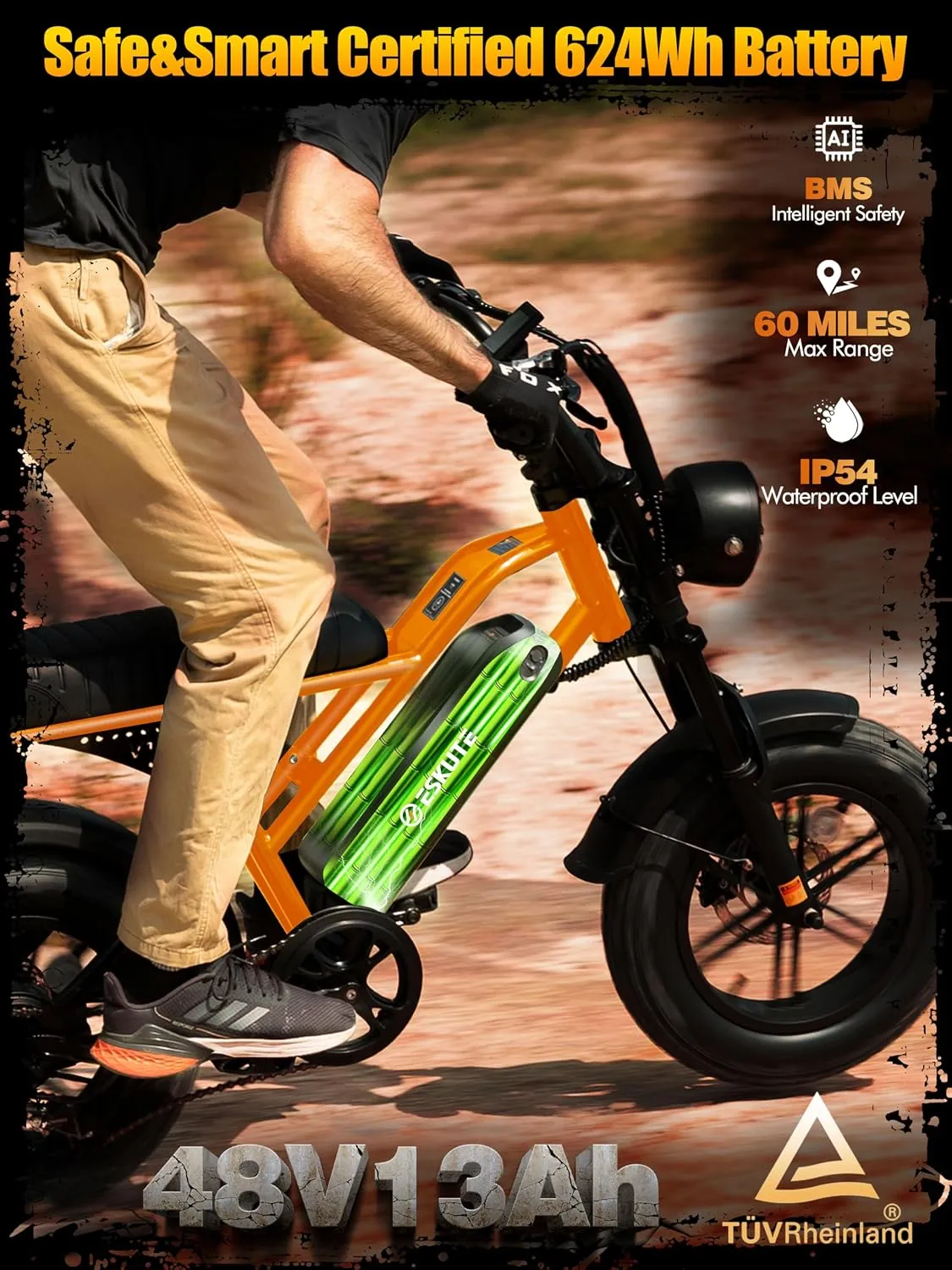 ESKUTE V100 Electric Bike for Adults, Electric Dirt Bike 1500W Peak Motor, All Terrain Dual Suspension E Bike 20+MPH Top Speed, Ebike Up to 60 Miles Range, 16" Fat Tire, 48V13Ah Battery, 7-Speed - Image 5