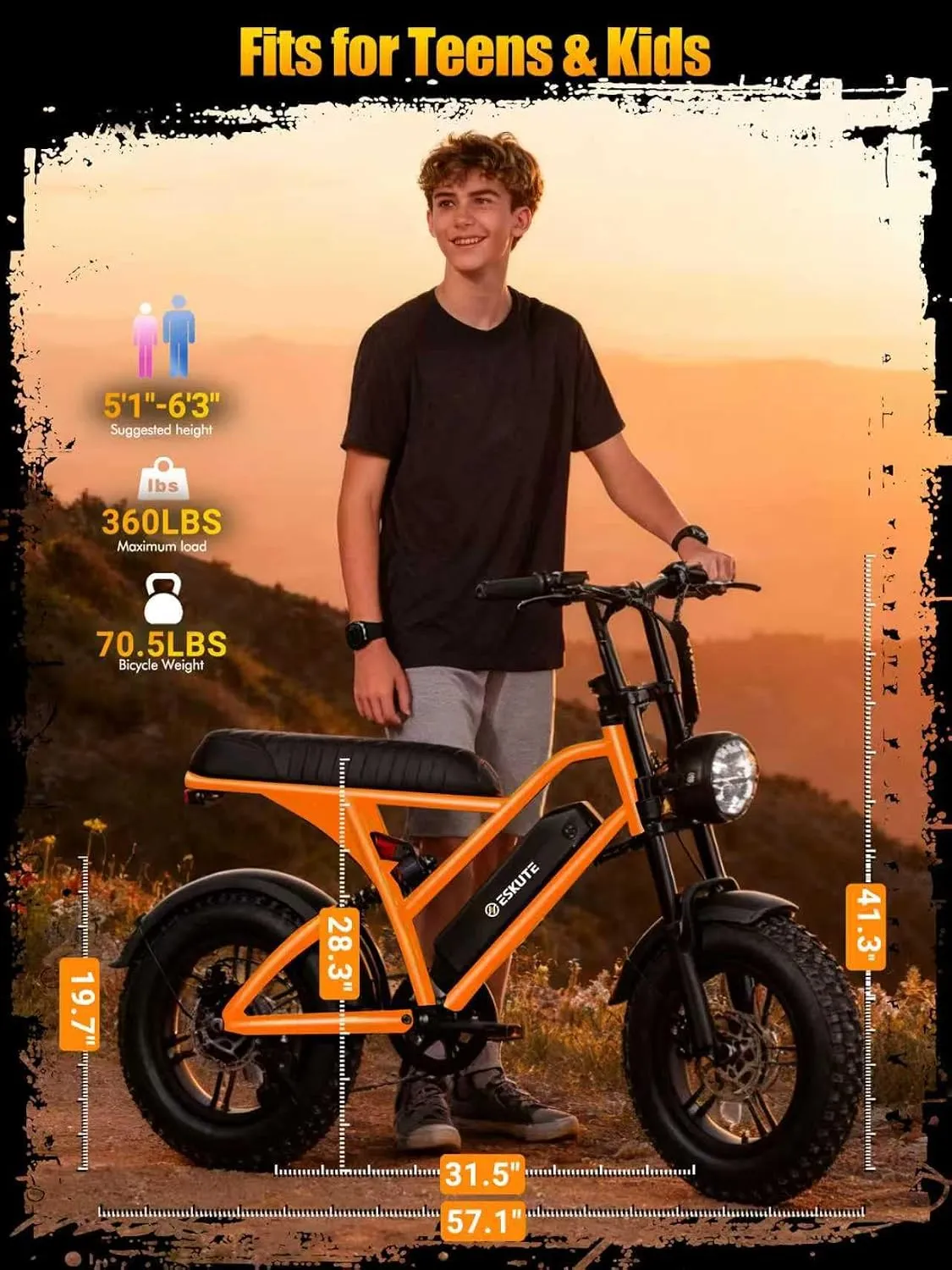 ESKUTE V100 Electric Bike for Adults, Electric Dirt Bike 1500W Peak Motor, All Terrain Dual Suspension E Bike 20+MPH Top Speed, Ebike Up to 60 Miles Range, 16" Fat Tire, 48V13Ah Battery, 7-Speed - Image 9